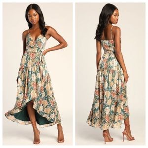 NWOT Lulus Botanical Blessings Green Floral Lurex High Low Wrap Midi Dress